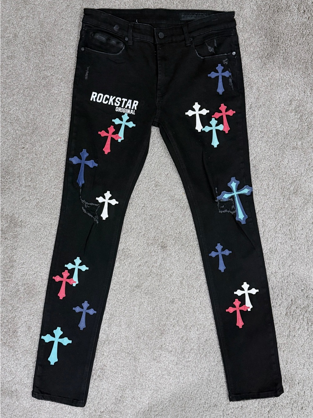 Men’s Black Cross-Print Slim Jeans